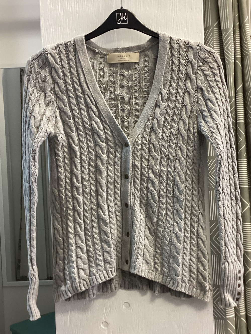 Cable-Knit V-Neck Cardigan in Light Gray